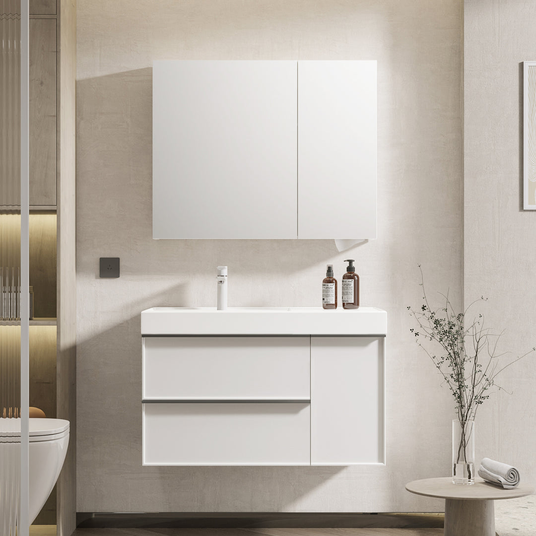 Meuble pour salle de bain-Armoire, Vasque intégrée en céramique, Armoire à miroir