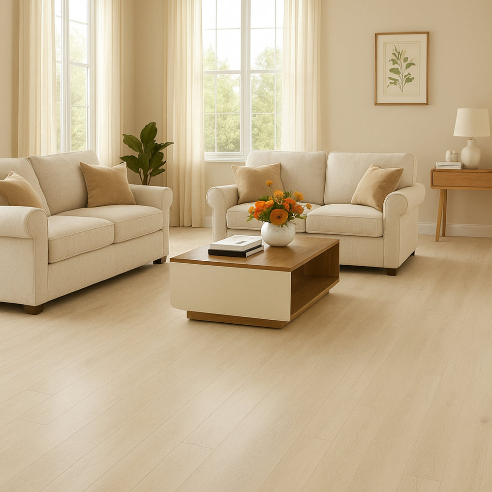 Sol en plancher vinyle clic avec finition chêne clair naturel, idéal pour un intérieur moderne et lumineux