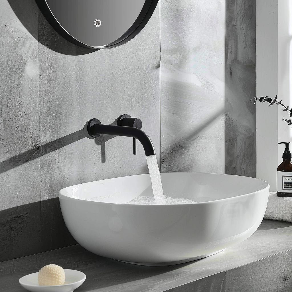 Robinet mural noir pour lavabo, eau en cascade dans une salle de bain contemporaine au décor minimaliste