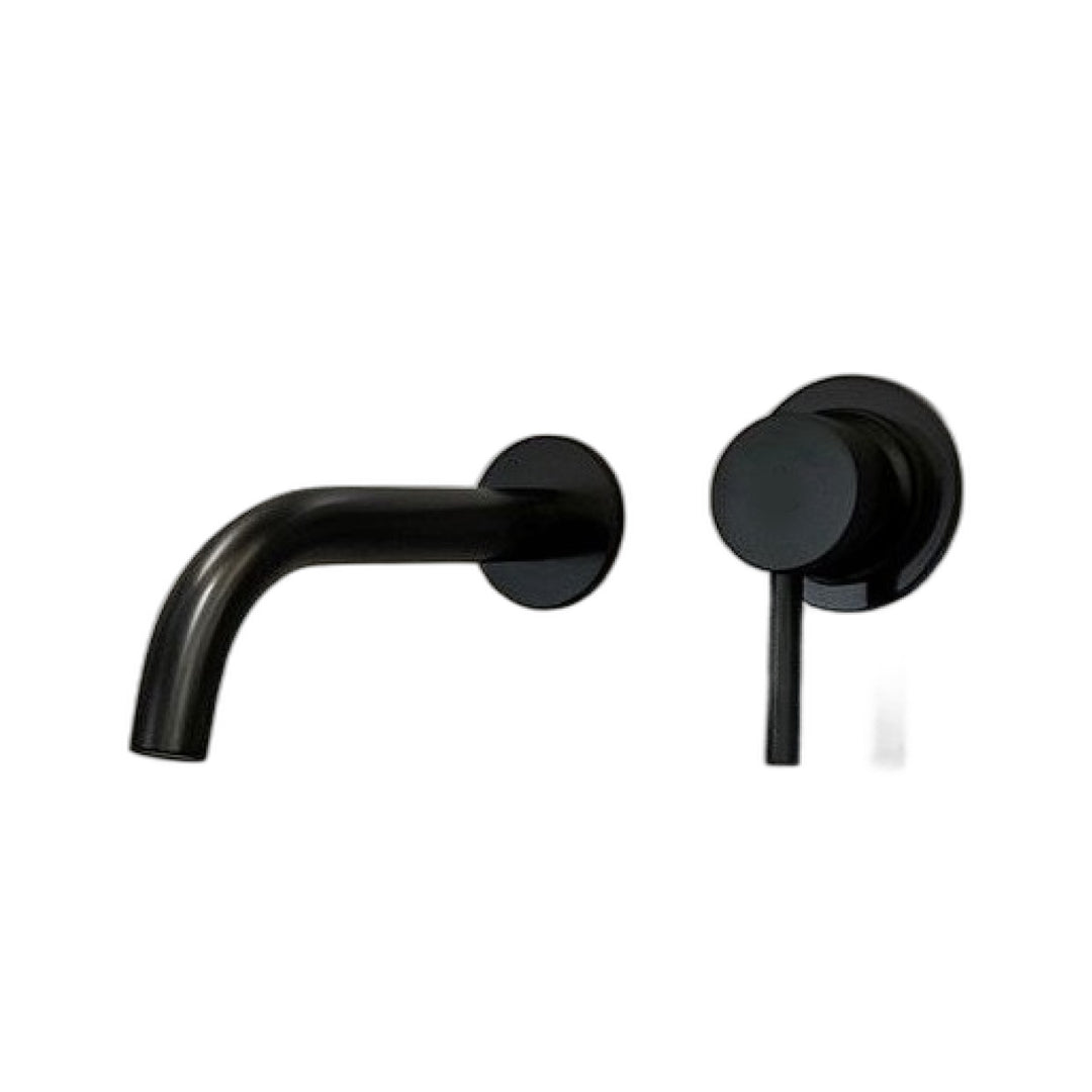 Robinet mural noir moderne pour salle de bain, design épuré avec bec arrondi et poignée ronde à encastrer