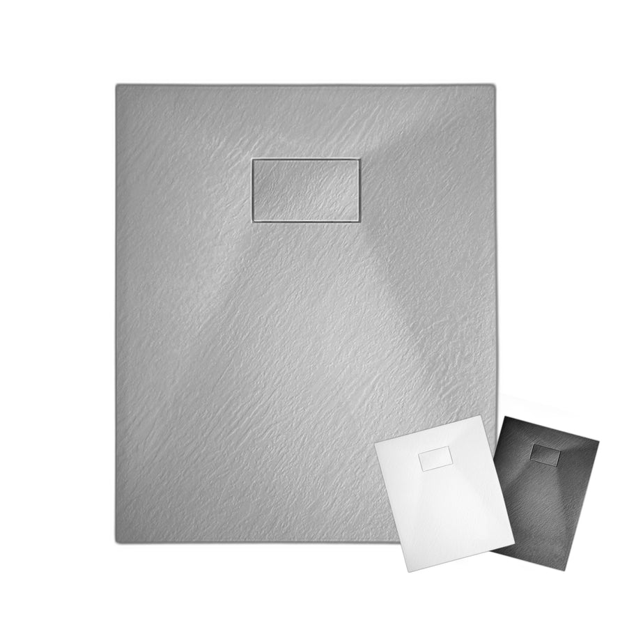 Bases de douche rectangulaires en SMC 36x48, disponibles en trois couleurs : gris, blanc et noir. Surface texturée antidérapante.