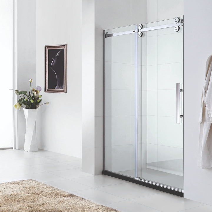 Porte de douche en verre trempé avec système coulissant élégant pour salle de bain moderne.