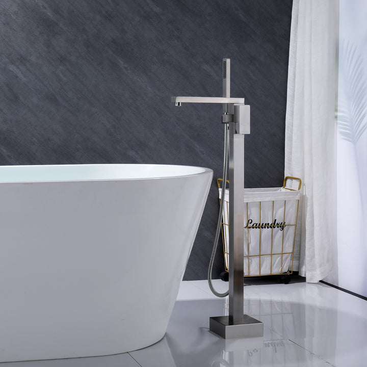 Robinet salle de bain autoportant en acier inoxydable avec douchette – finition nickel brossé moderne