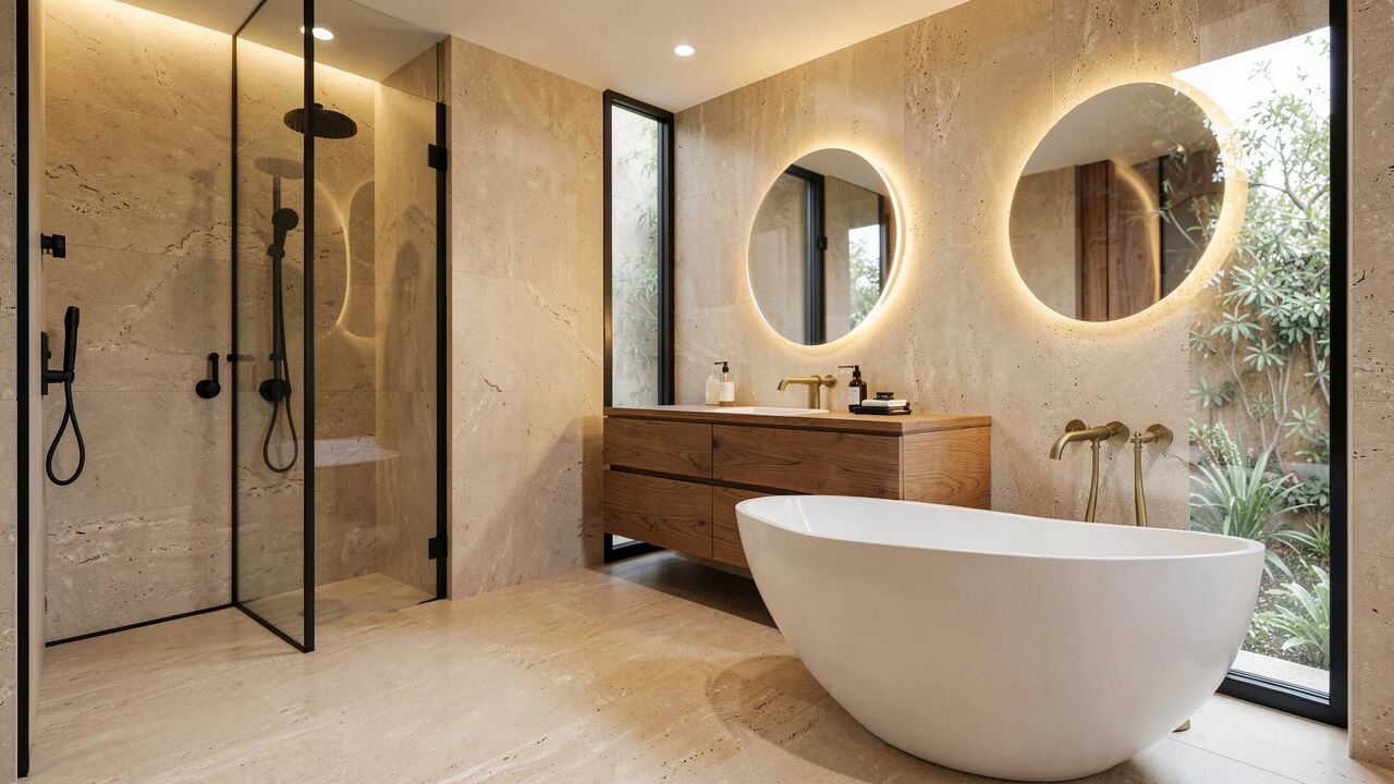 Salle de bain moderne avec vanité élégante et miroir rond illuminé