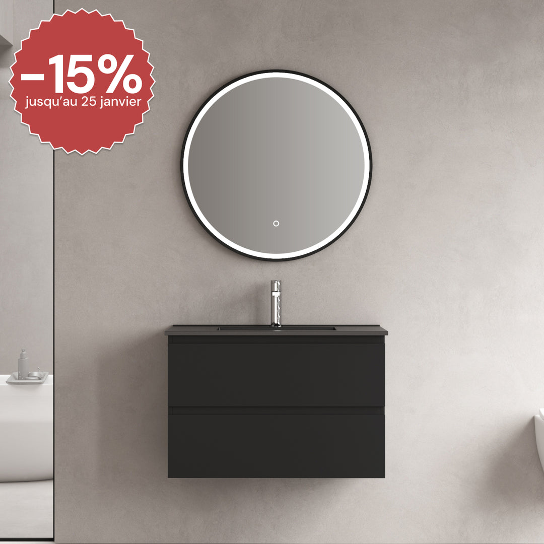 Meubles salle de bain-Armoire, Bassin en céramique noir, Miroir LED rond salle de bain