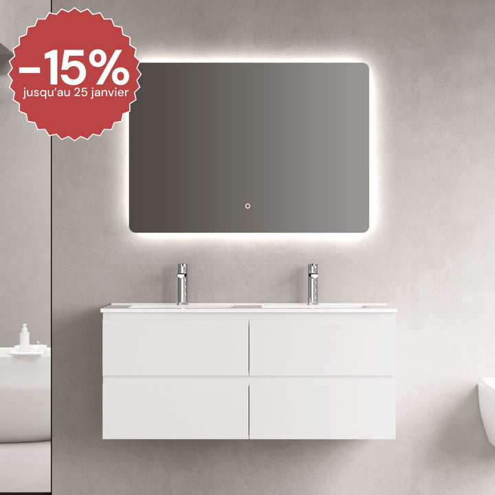 Meuble de Chambre de Bain-Armoire, Vasque en Céramique Blanche Brillante, Miroir LED