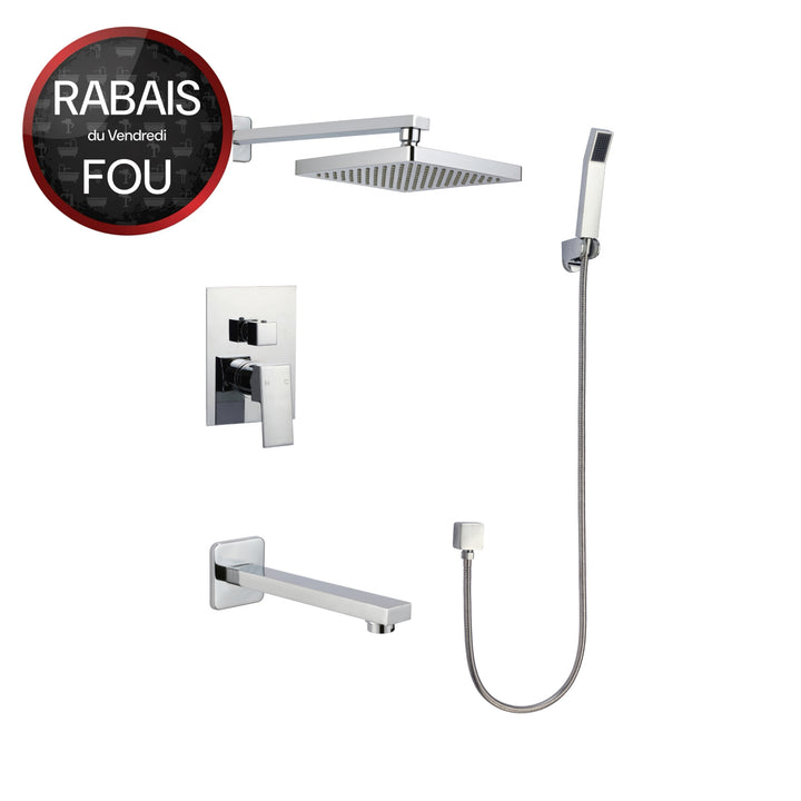 Robinet de bain-douche moderne encastré – Design carré, douchette et bec mural