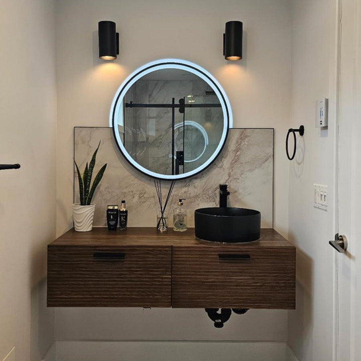 Meubles salle de bain-Armoire, Deux tiroirs, Grand miroir LED rond, Vasque en céramique