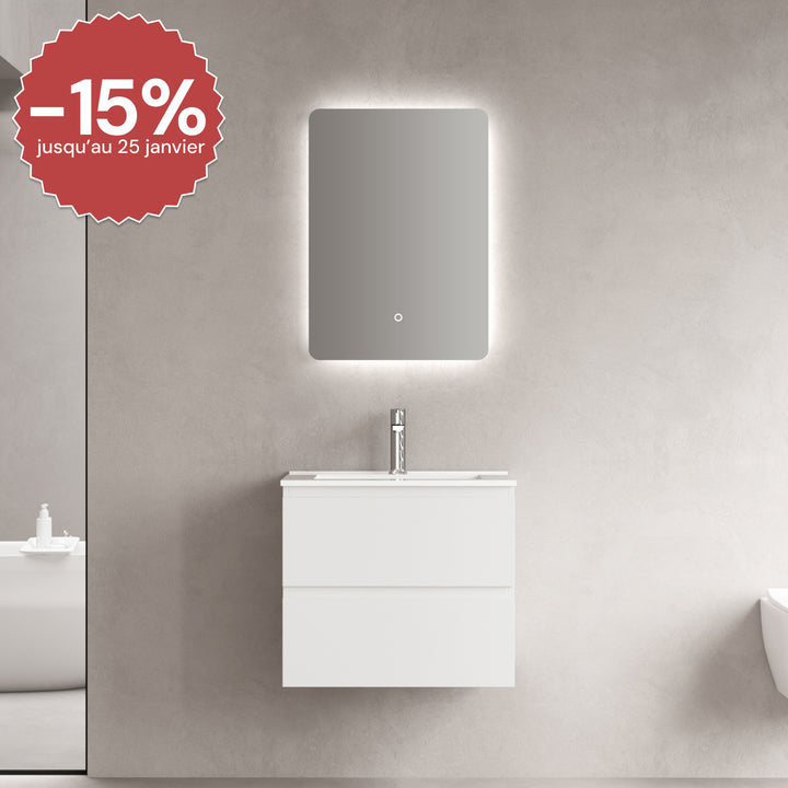 Mobilier salle de bain-Armoire, Vasque en céramique blanche brillante, Miroir LED