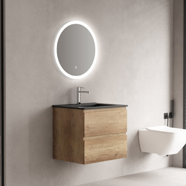 Mobilier de salle de bain-Armoire, Bassin en céramique noir, Miroir rond 24 pouces