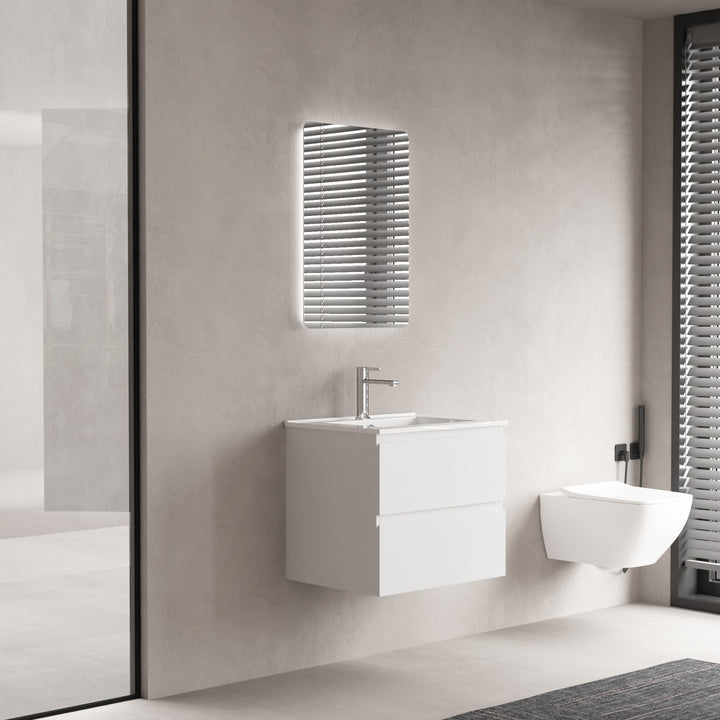 Mobilier salle de bain-Armoire, Vasque en céramique blanche brillante, Miroir LED