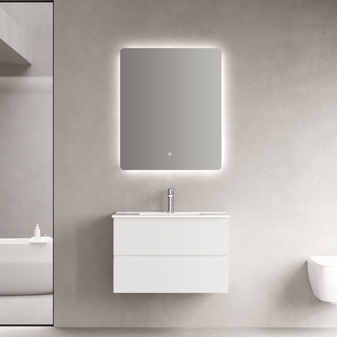 Module salle de bain-Armoire, Vasque en céramique blanche brillante, Miroir LED