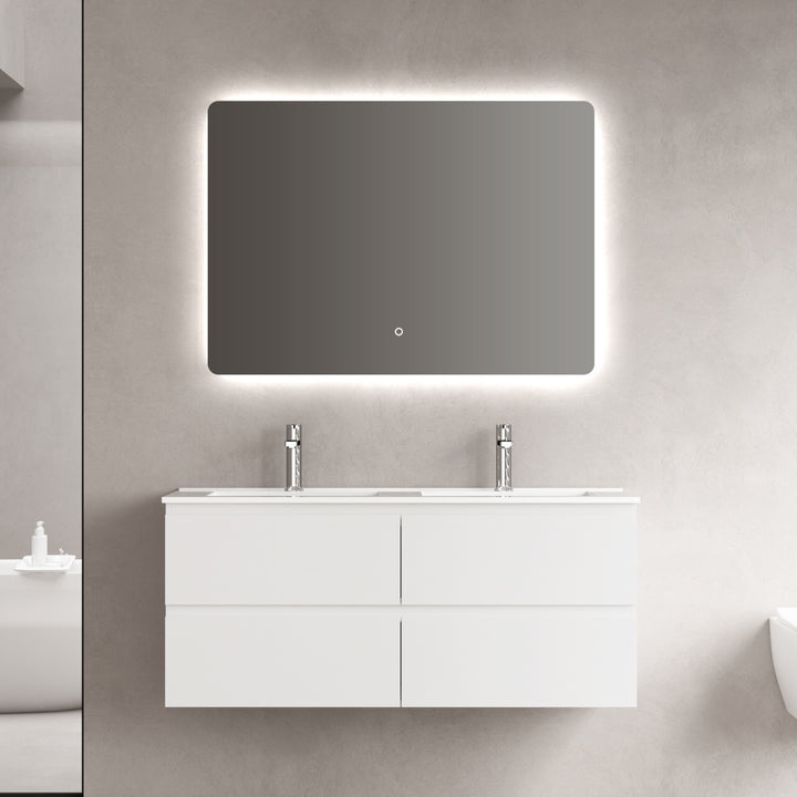 Meuble de Chambre de Bain-Armoire, Vasque en Céramique Blanche Brillante, Miroir LED