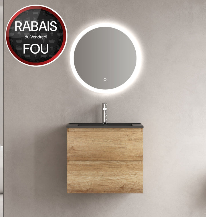 Mobilier de salle de bain-Armoire, Bassin en céramique noir, Miroir rond 24 pouces