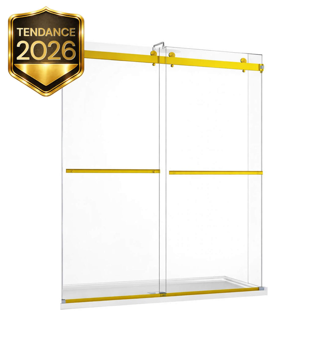 Porte de douche en verre 10 mm coulissante double avec soft closing 60 x 75 po (Noir / Chrome / Or brossé)