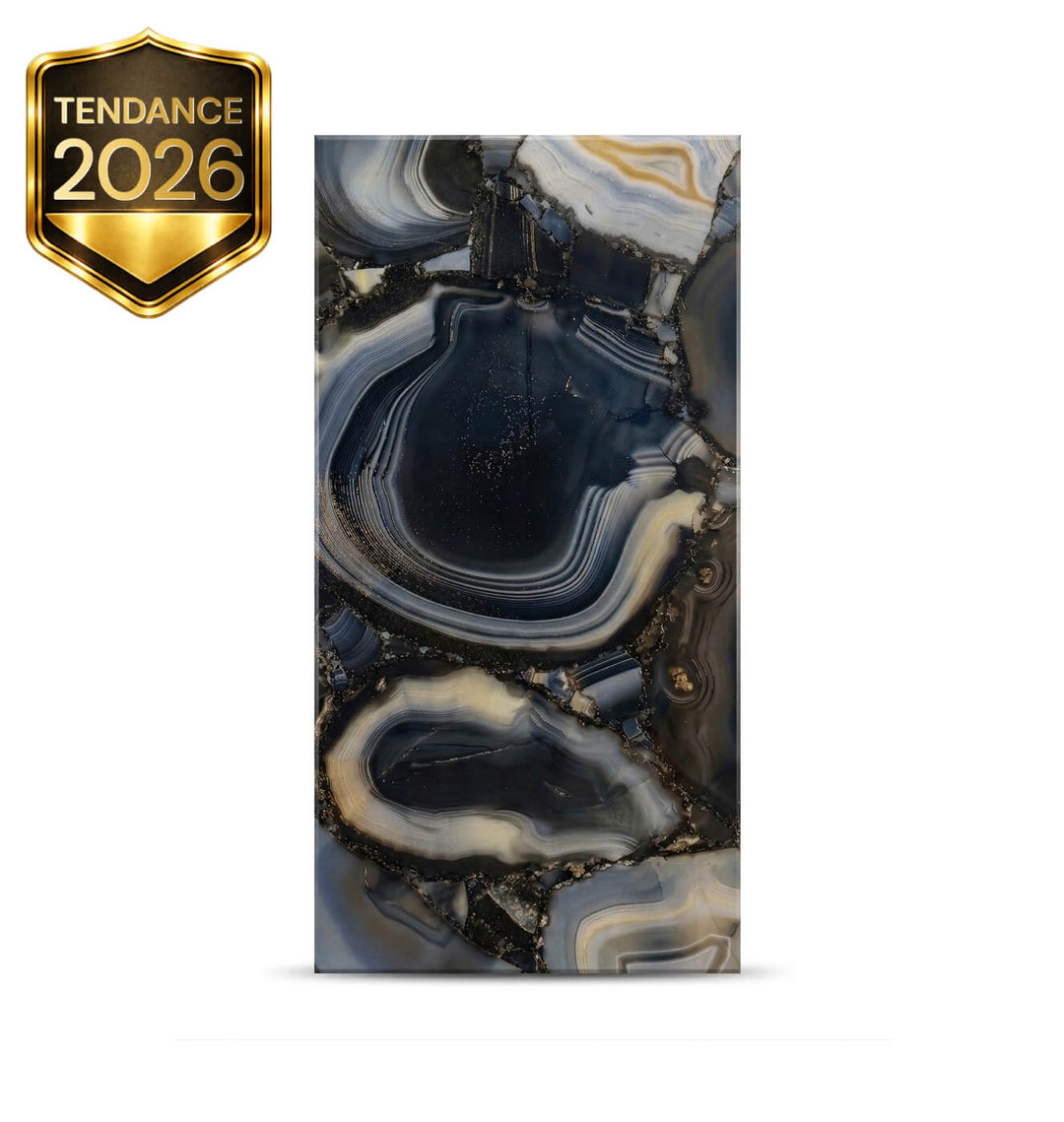 Carrelage porcelaine effet pierre agate noir et gris lustré 24x48 – Lulent Safhire