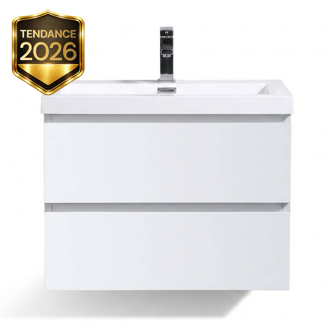 Vanité de Salle de Bain Suspendue ARCTIC – 32 po – Blanc Mat avec Comptoir en Quartz
