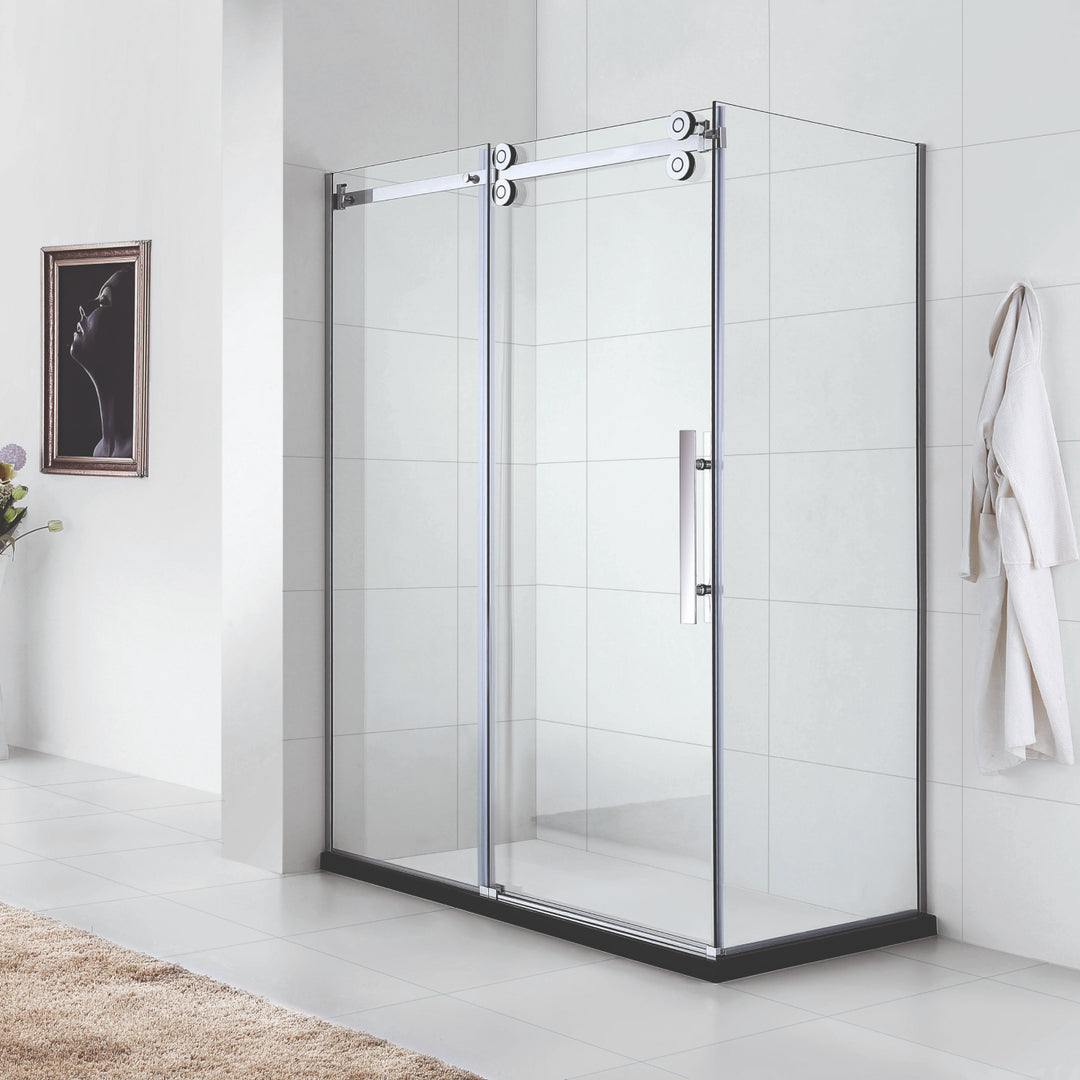 Porte de douche coulissante 60" et 48" en verre trempé 10 mm avec panneau latéral 36" et 32"  avec conceptions innovantes de verre sans cadre