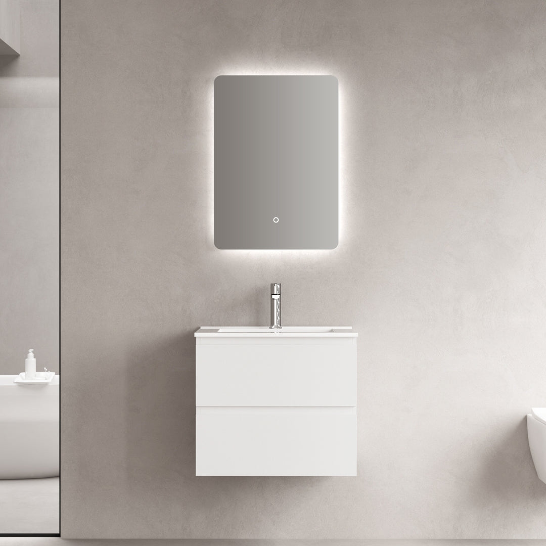 Mobilier salle de bain-Armoire, Vasque en céramique blanche brillante, Miroir LED