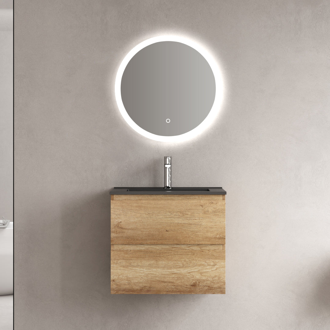 Mobilier de salle de bain-Armoire, Bassin en céramique noir, Miroir rond 24 pouces