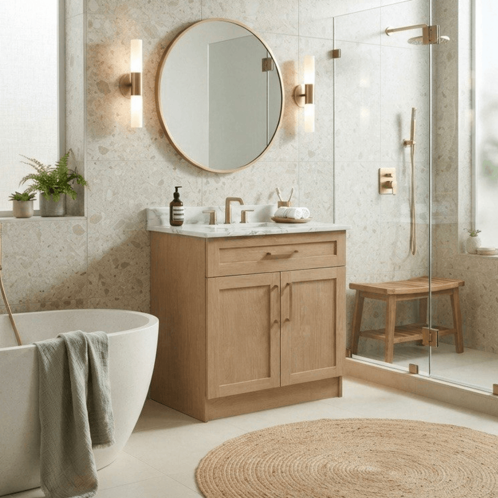 Scène de salle de bain lumineuse et moderne mettant en vedette la vanité en chêne clair de style shaker, avec une baignoire autoportante à gauche, une douche vitrée à droite