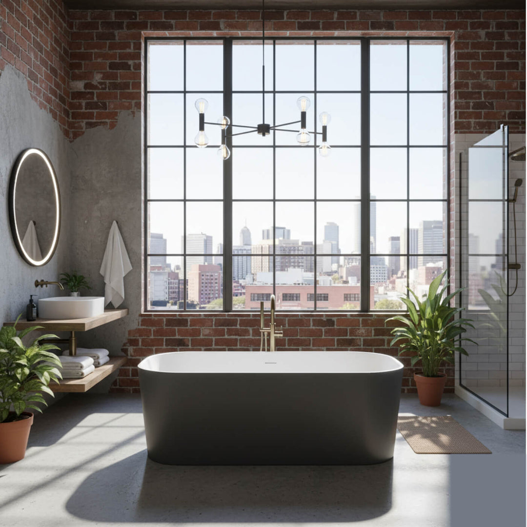 Baignoire autoportante moderne dans salle de bain style loft urbain. Grande fenêtre, mur brique. Acheter un bain de luxe