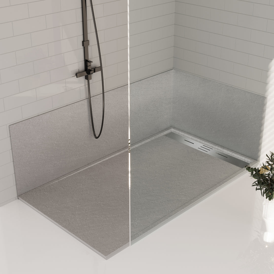 Salle de bain avec base de douche 36x60" grise en SMC, finition texturée et drain intégré, idéale pour un design moderne et fonctionnel.






