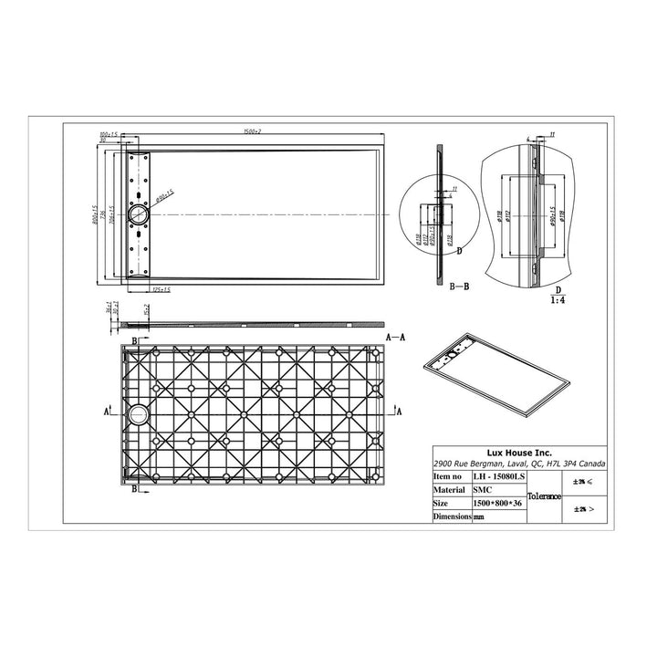 Plan technique d’une base douche italienne en SMC 1500x800 mm avec détails de structure et drain latéral