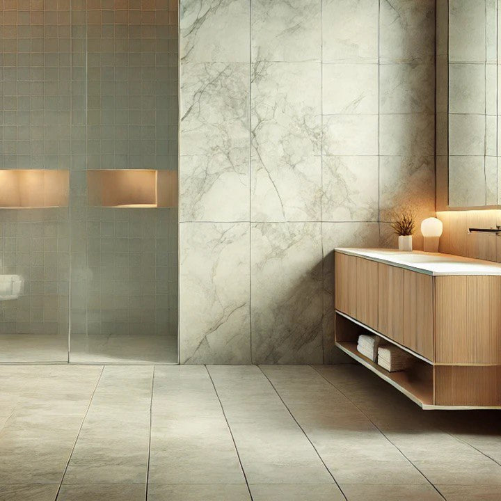 Salle de bain moderne avec des carreaux de céramique blanc lustré et des veinures gris pâle. Parfait pour une salle de bain céramique blanche élégante et lumineuse.