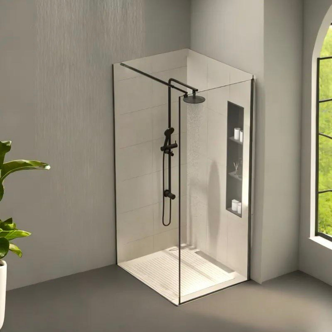 Douche vitrée élégante 36×76 avec paroi en verre trempé et profil noir, idéale pour une salle de bain contemporaine