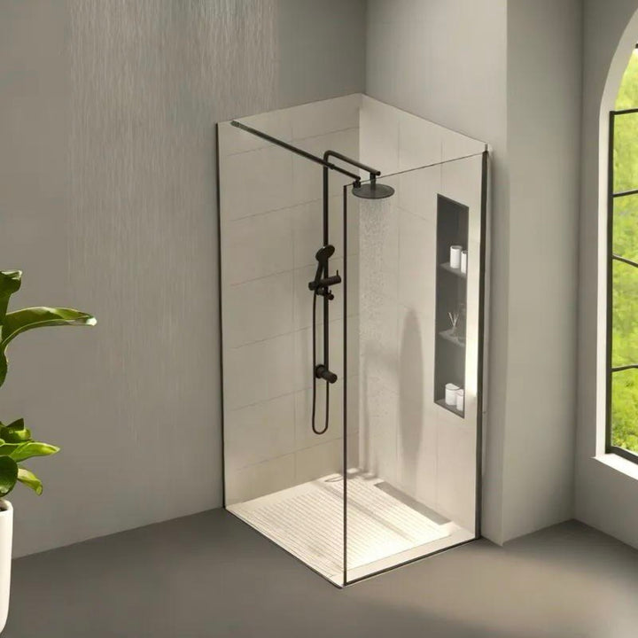 Douche vitrée élégante 36×76 avec paroi en verre trempé et profil noir, idéale pour une salle de bain contemporaine