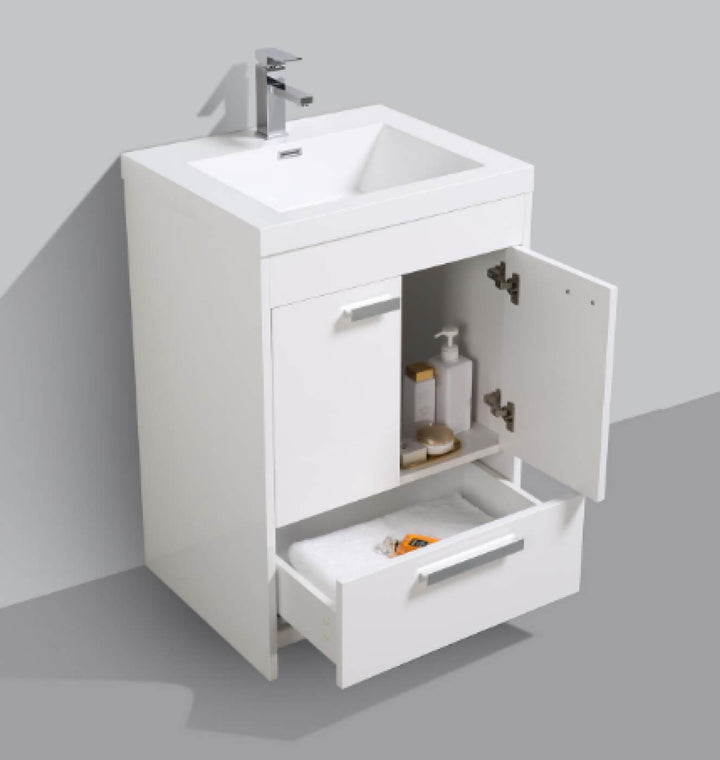 Meuble-lavabo moderne de 24 pouces sur pied, fini blanc lustré avec quincaillerie chromée. Idéal pour les rénovations de salle de bain à Montréal et Laval.