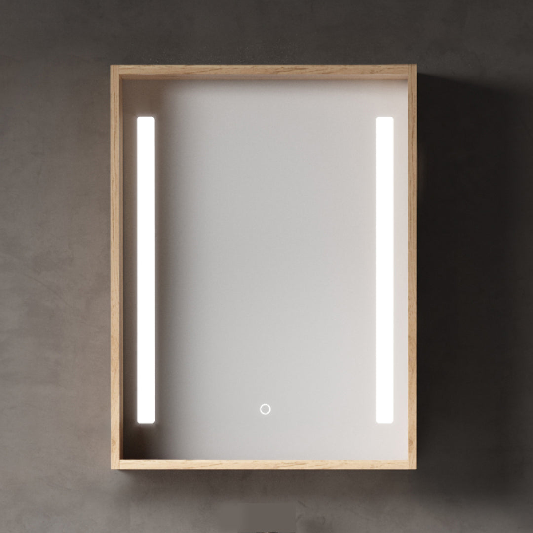 Miroir rectangulaire salle de bain en bois clair avec éclairage LED, surface lisse et rangement intérieur pratique