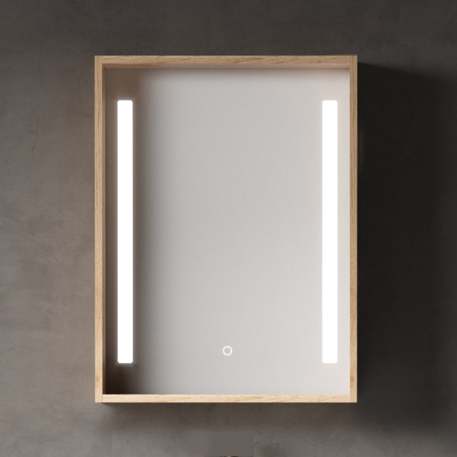 Miroir rectangulaire salle de bain en bois clair avec éclairage LED, surface lisse et rangement intérieur pratique