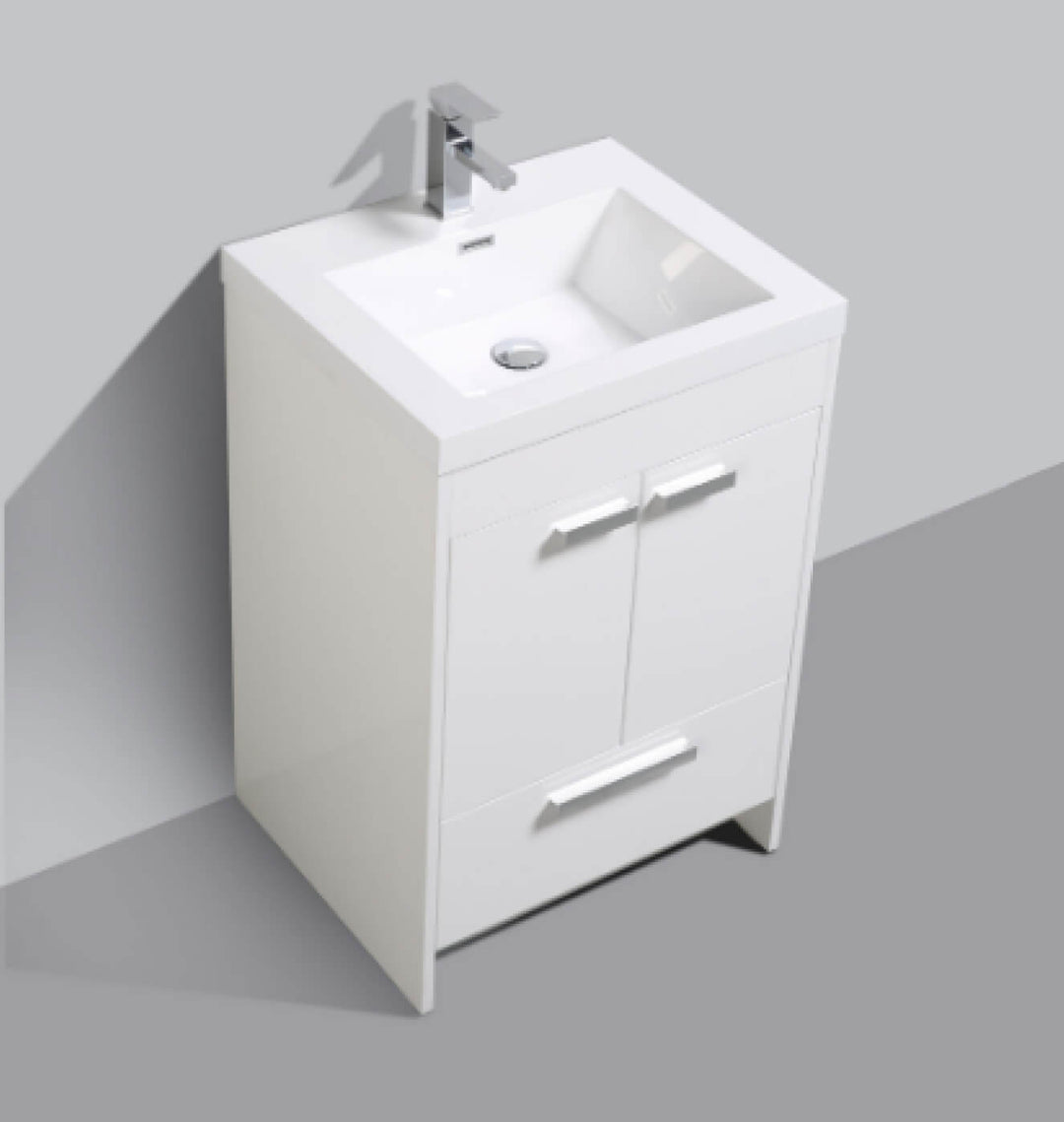 Petite vanité de salle de bain 24 po autoportante, couleur blanc brillant. Comprend un grand tiroir de rangement et un lavabo blanc. Service rapide disponible à Laval et Montréal.