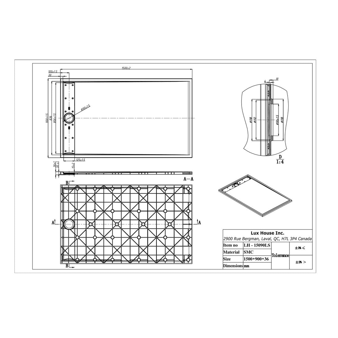 Plan technique détaillé d'une base de douche rectangulaire 1500x800 mm en SMC, illustrant les dimensions et la structure du modèle.