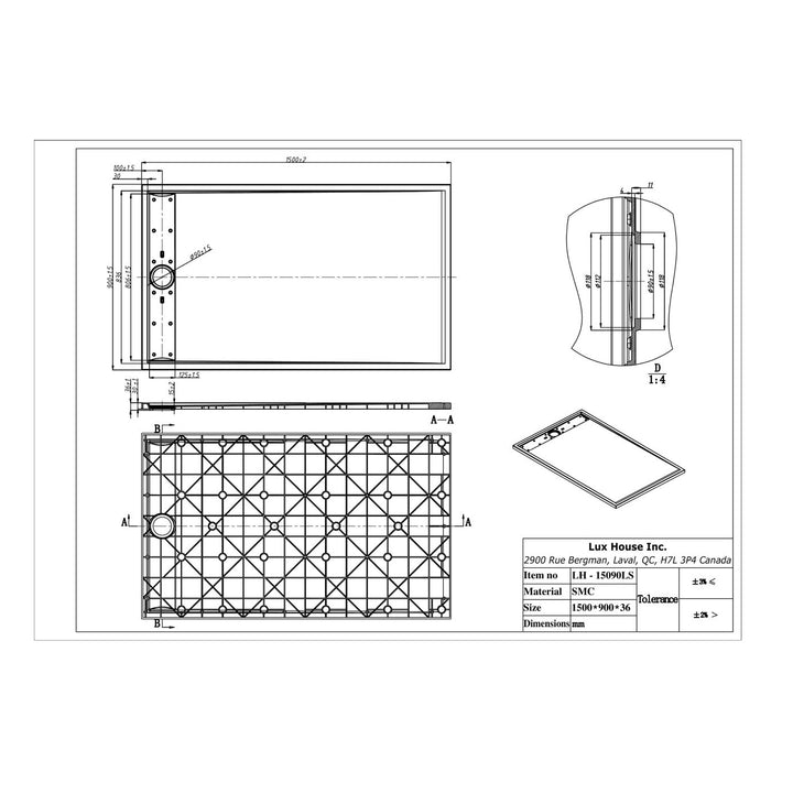 Plan technique détaillé d'une base de douche rectangulaire 1500x800 mm en SMC, illustrant les dimensions et la structure du modèle.