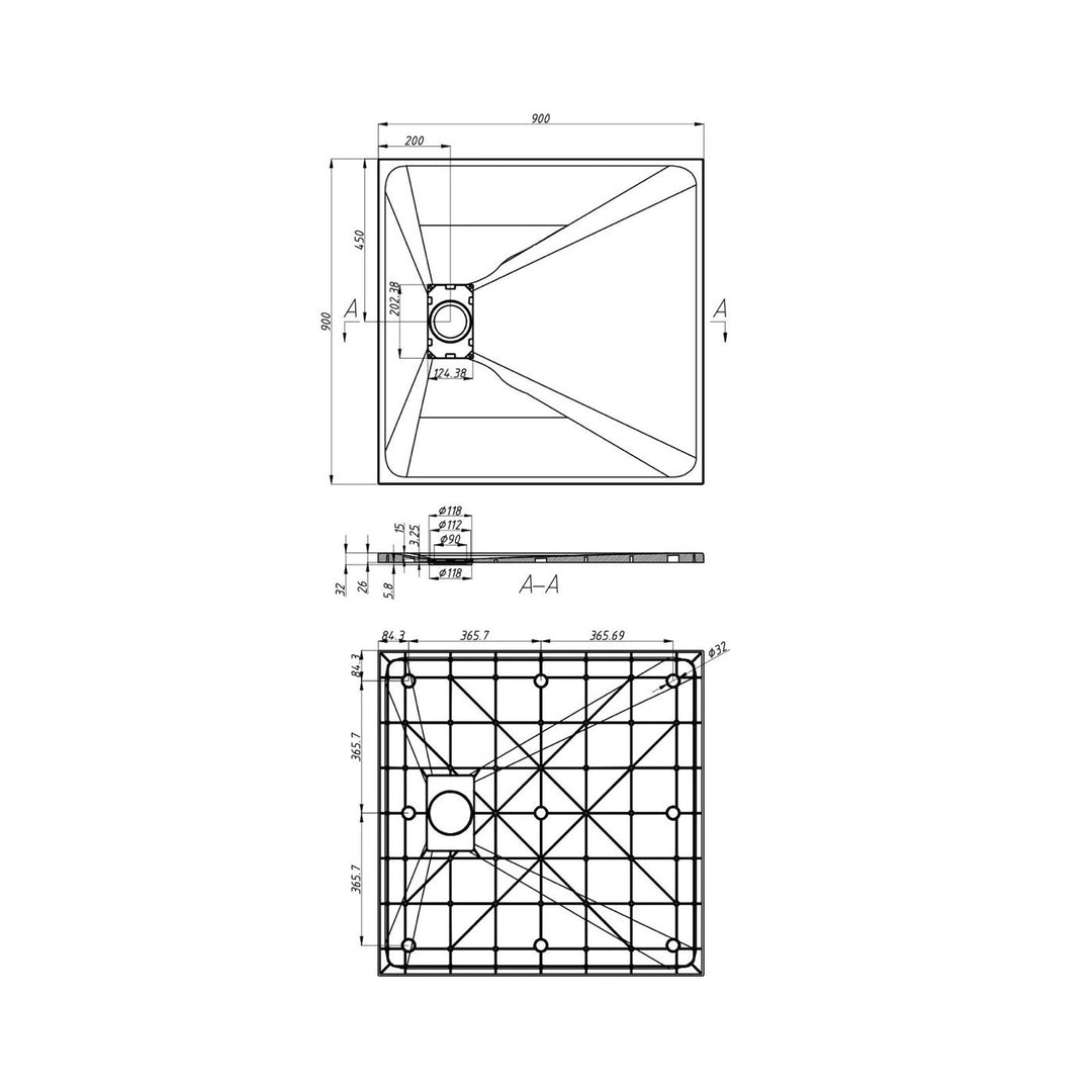 Plan technique détaillé d'une base de douche 36x36" en SMC, illustrant les dimensions et la structure des bases de douche modernes.