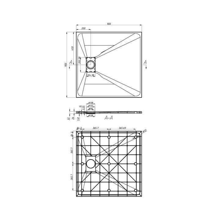 Plan technique détaillé d'une base de douche 36x36" en SMC, illustrant les dimensions et la structure des bases de douche modernes.