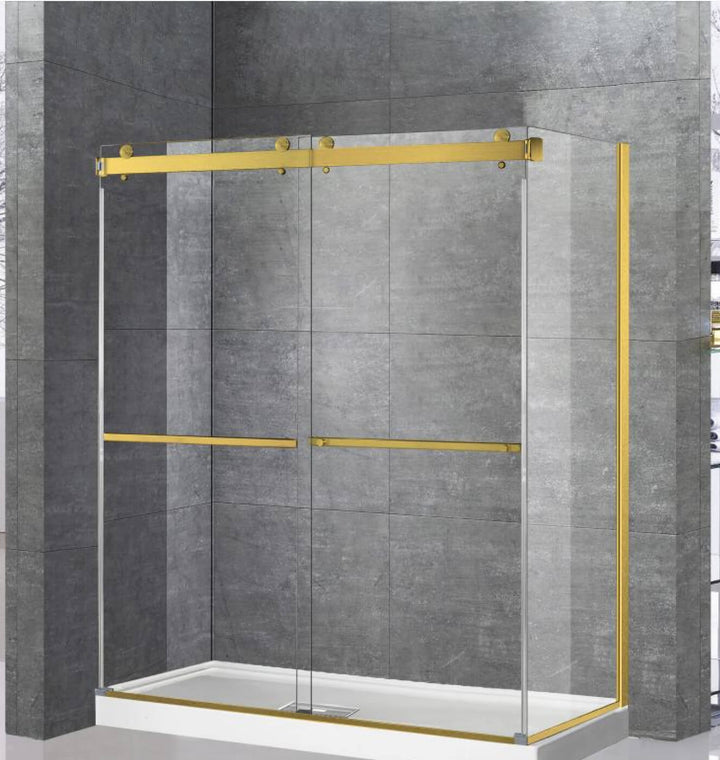 Porte de douche haut de gamme avec cadre fini or brossé, système de roulement apparent et double porte coulissante en verre clair