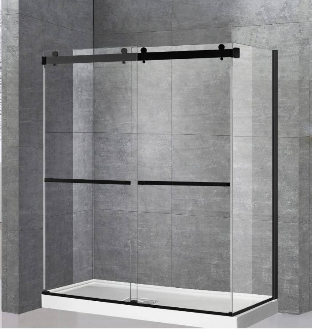 Douche moderne avec quincaillerie noir mat, roulettes décoratives et verre de sécurité trempé, design épuré pour salle de bain contemporaine