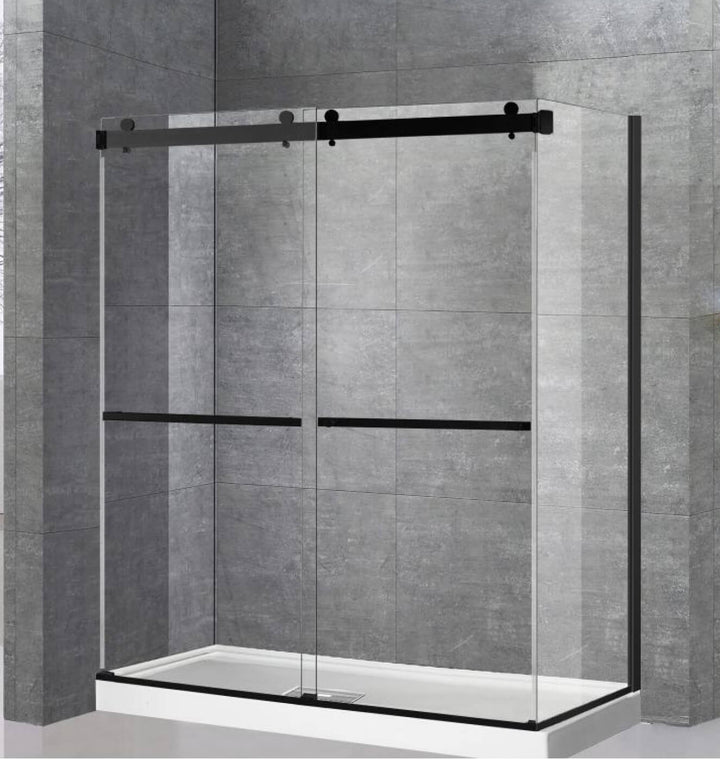 Douche moderne avec quincaillerie noir mat, roulettes décoratives et verre de sécurité trempé, design épuré pour salle de bain contemporaine