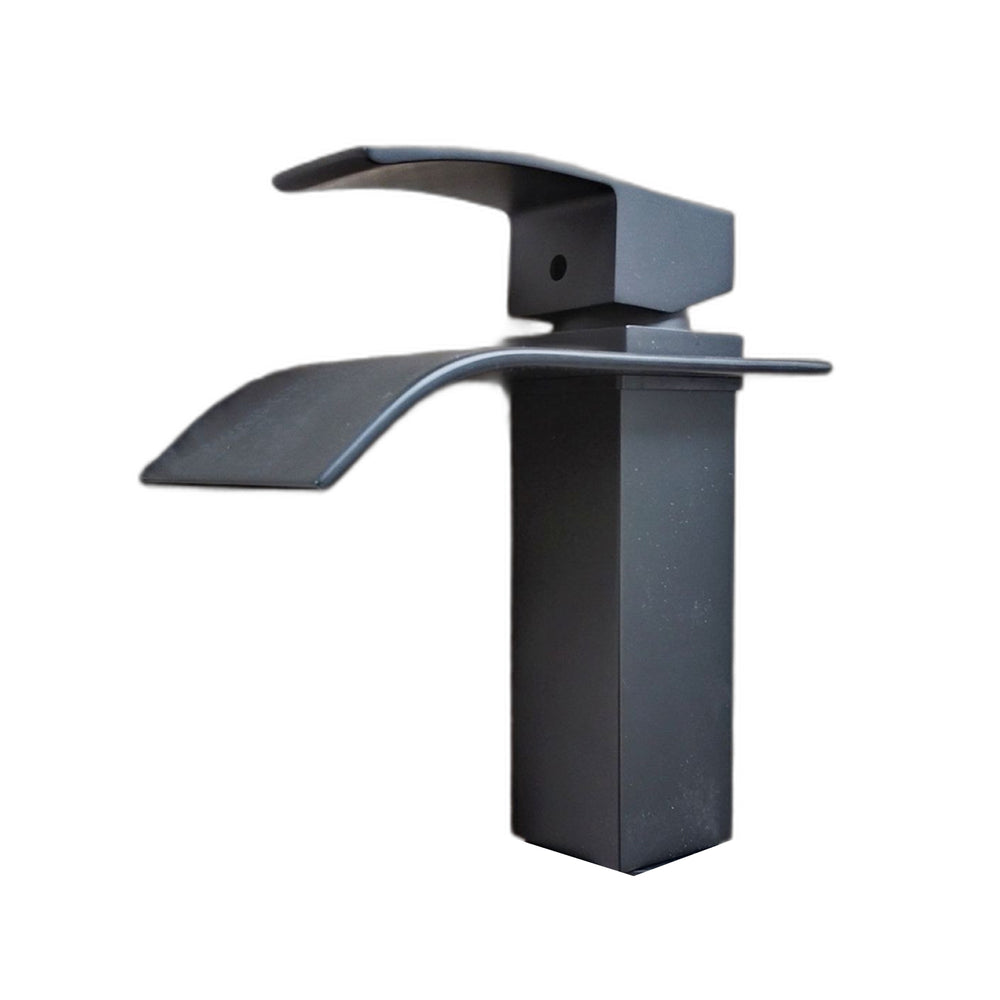 Robinet lavabo noir avec bec cascade, parfait pour les robinets de salle de bain modernes au style épuré et contemporain