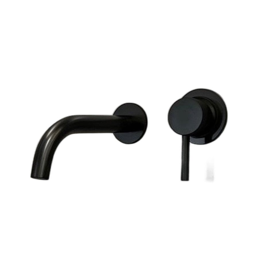 Robinet mural noir moderne pour salle de bain, design épuré avec bec arrondi et poignée ronde à encastrer

