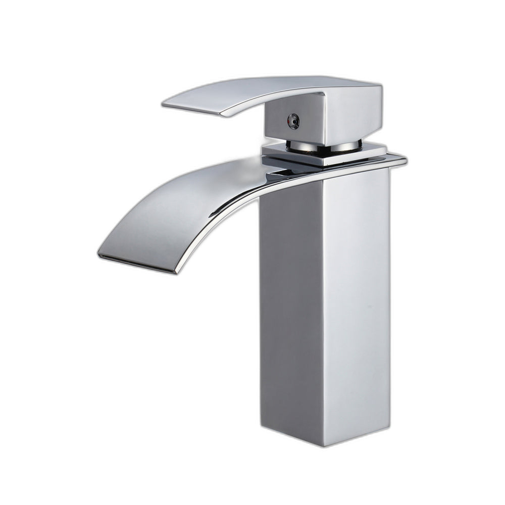 Robinet pour vasque en finition chrome, idéal pour une salle de bain moderne avec bec effet cascade élégant