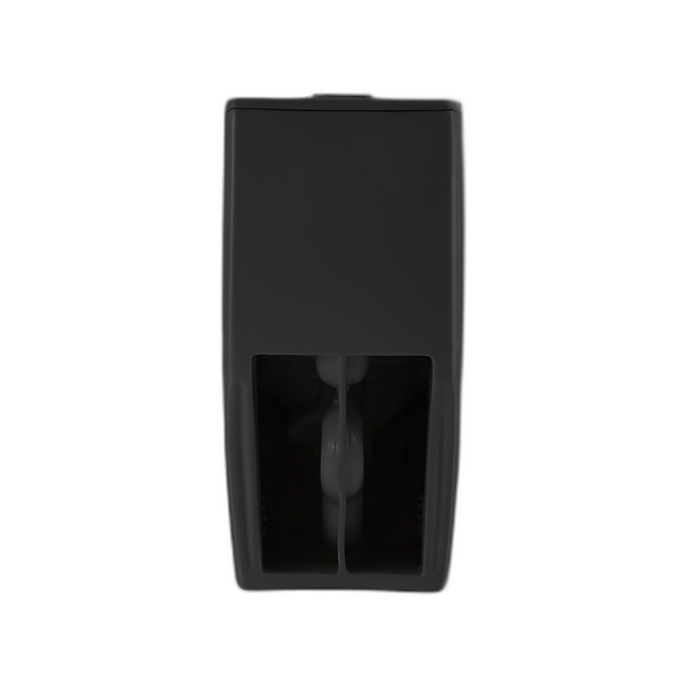 Vue latérale d'une toilette monobloc noir mat allongée en porcelaine avec bouton de double chasse