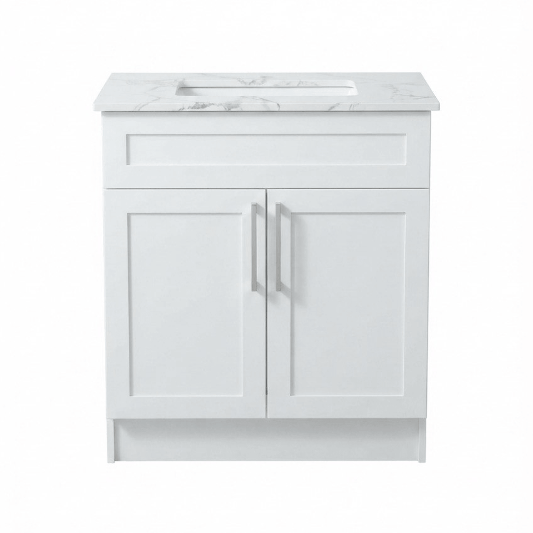 Vue de face d'une vanité de salle de bain autoportante de 24 pouces au fini blanc mat, avec deux portes de style shaker, un tiroir et des poignées en nickel poli.