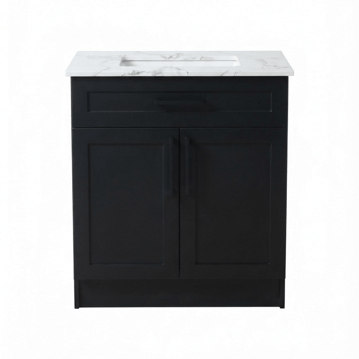 Vue de face d'une vanité de salle de bain autoportante de 24 pouces au fini noir mat, avec une porte et un tiroir de style shaker, ainsi que des poignées noires minimalistes
