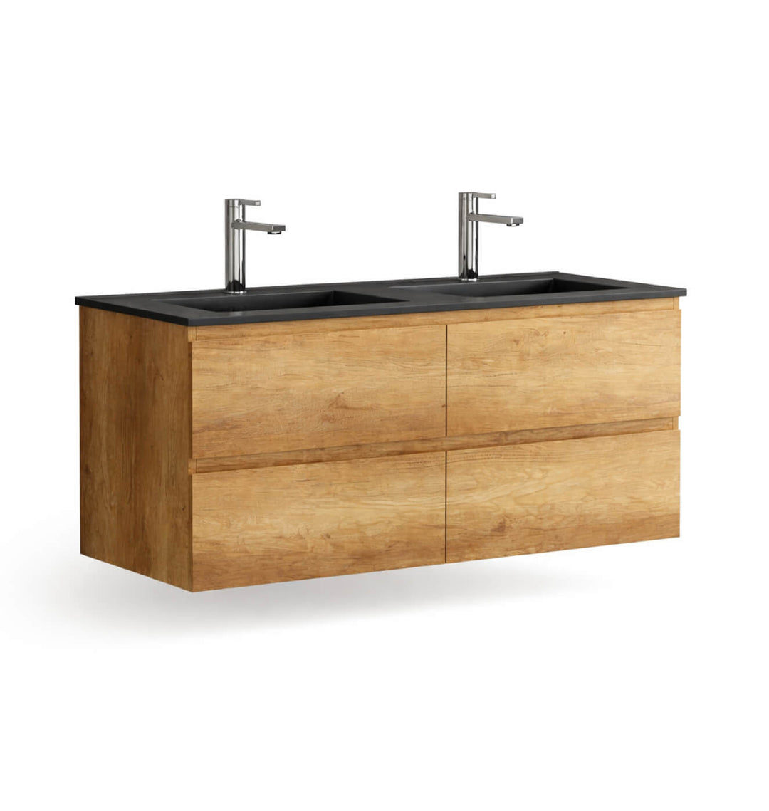 Vanité salle de bain moderne suspendue en finition bois naturel avec double lavabo intégré, design épuré et contemporain