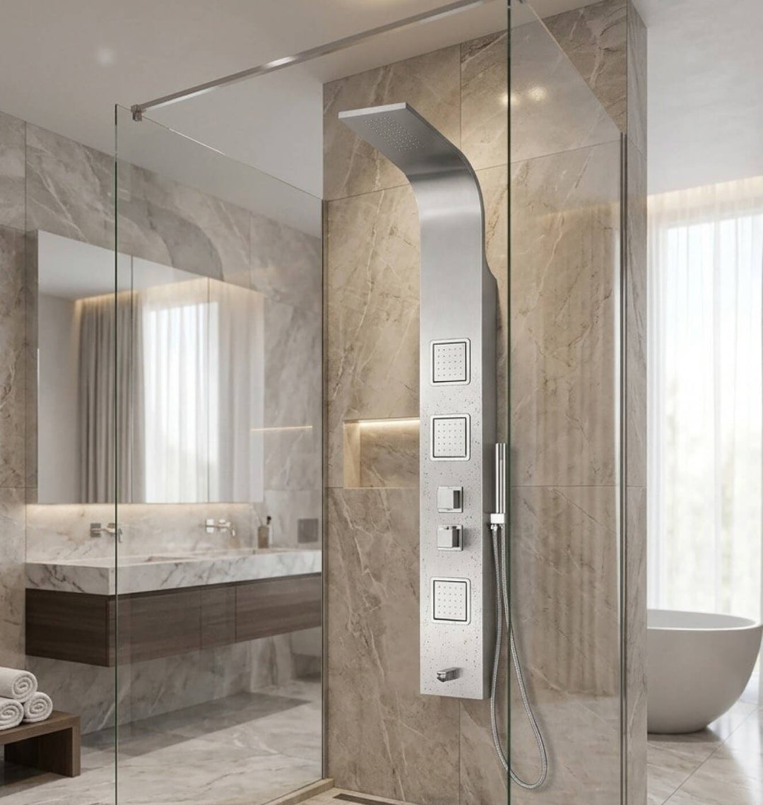 Salle de bain contemporaine élégante mettant en valeur une colonne de douche en nickel brossé installée sur un mur en céramique